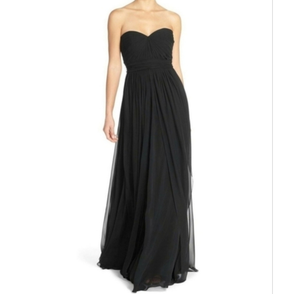 Jenny Yoo Black Strapless Sweetheart Chiffon Gown